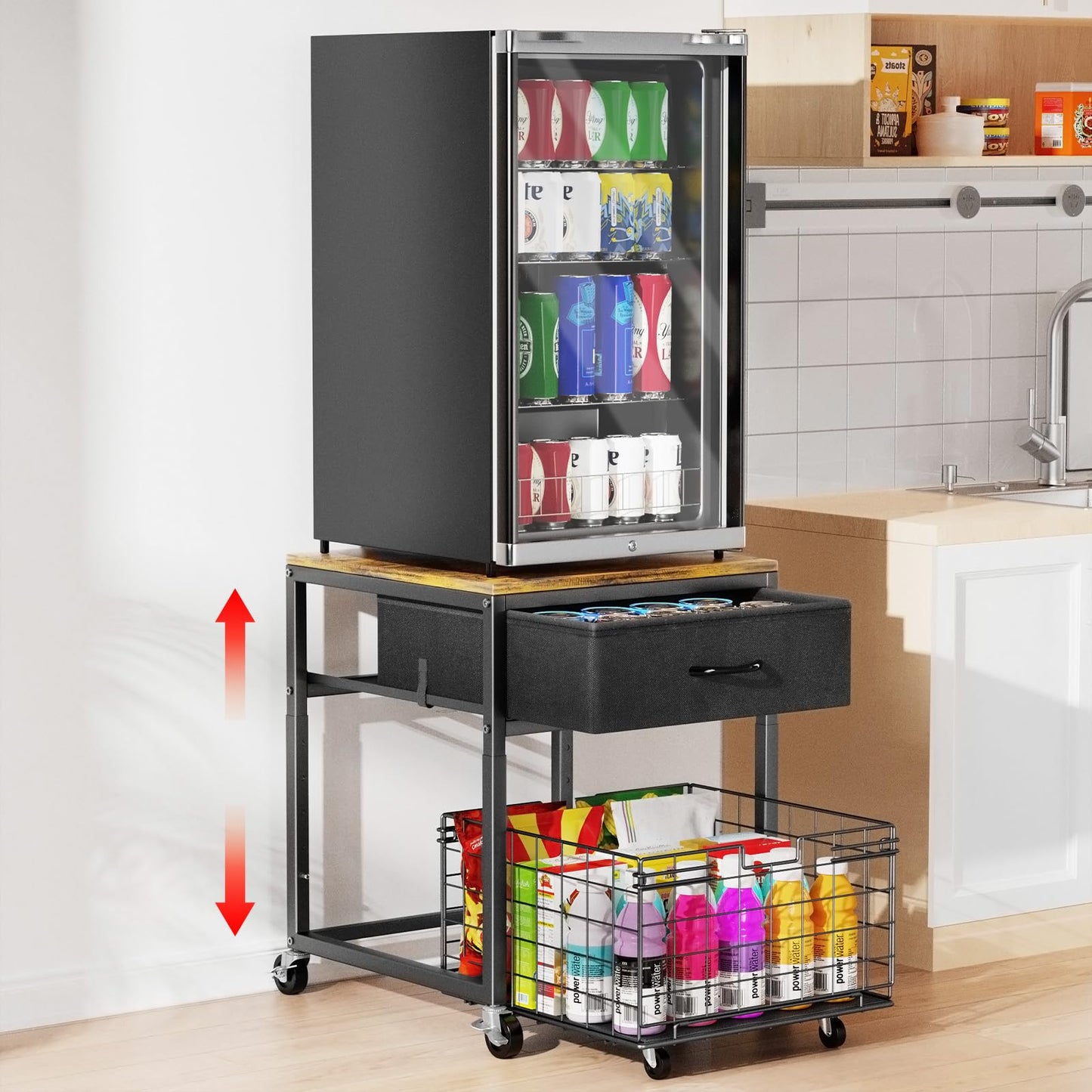 Housolution Mobile Mini Fridge Stand with Storage, Height Adjustable