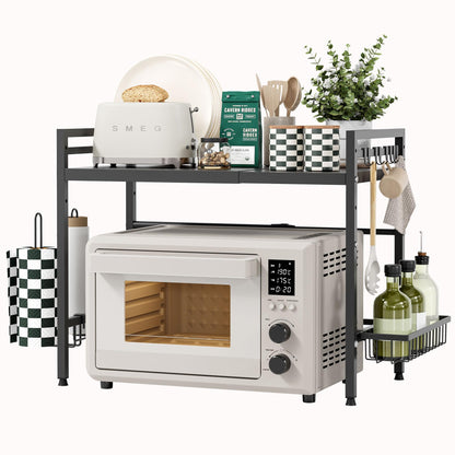 NETEL Expandable Microwave Shelf, 2-tier Microwave Oven Rack with Spice Basket, Kitchen Roll Holder & 4 Hooks, Countertop Organiser