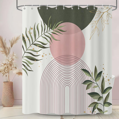 GCIREC Shower Curtain, 180x200cm, Sage Green Pink Boho Mid Century Modern Abstract with Minimalist Leaf Waterproof Fabric Machine Washable Bathroom