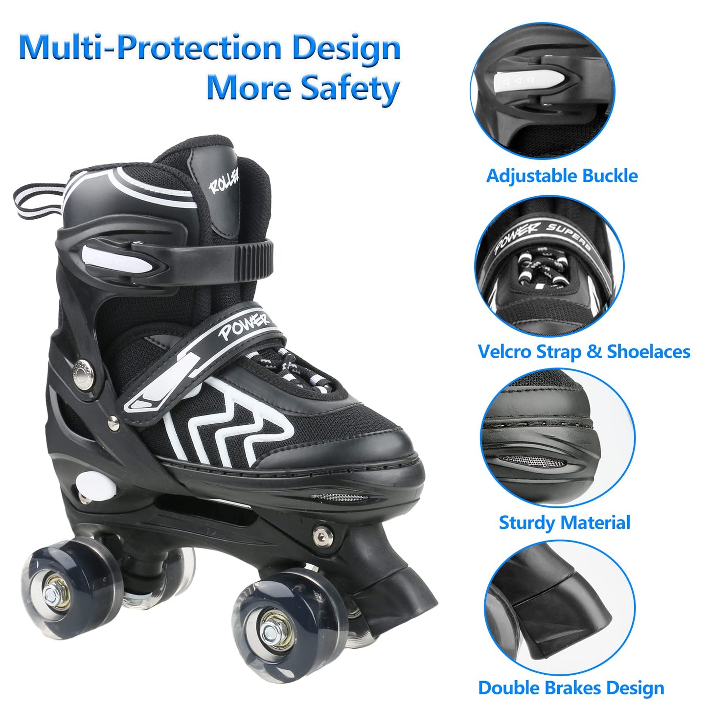 Kids Roller Skates for Boys Girls Children Beginners, 4 Sizes Adjustable Roller Skates for Child Toddler Ages 4-6-12 with 8 Light up Wheels (Medium -
