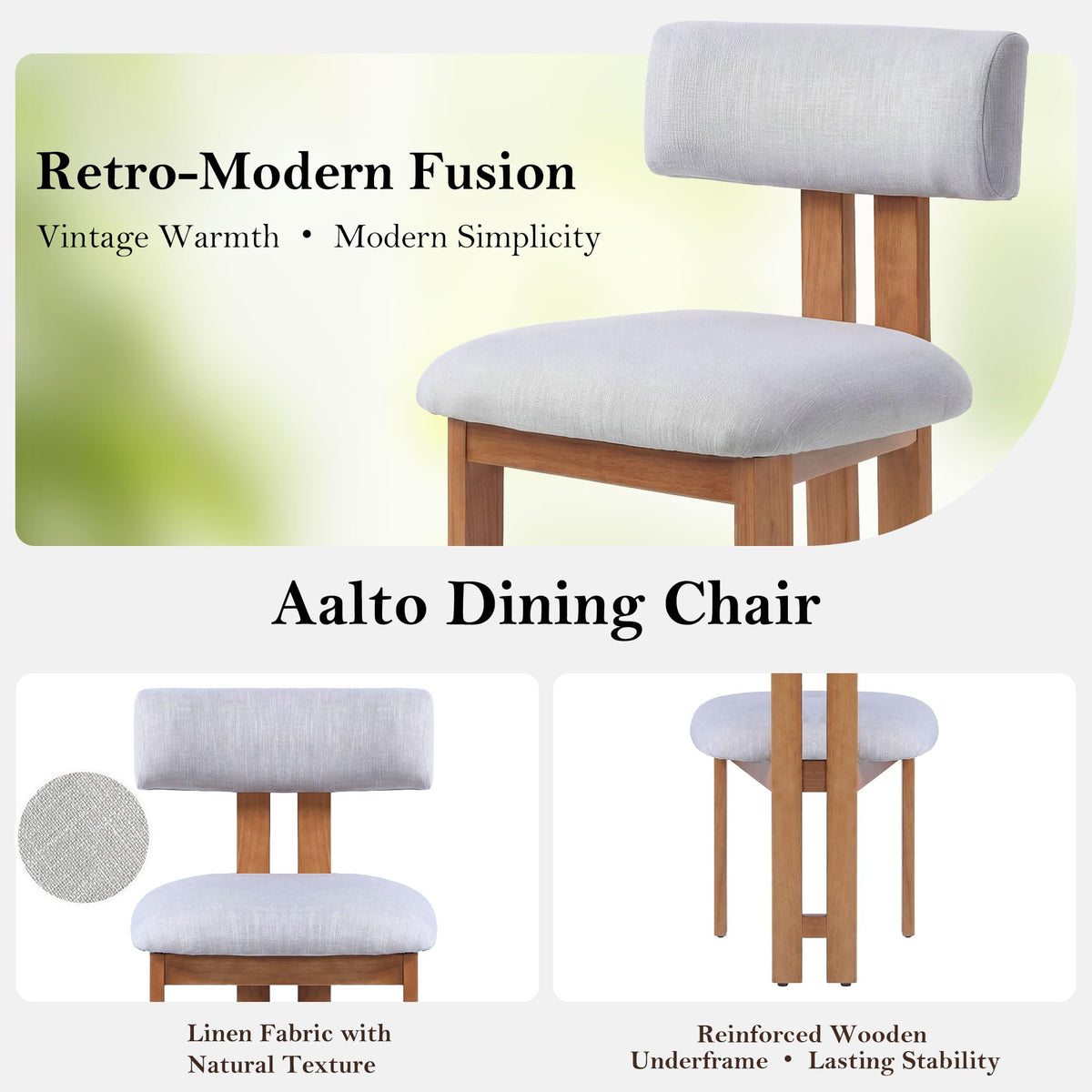 younturn Retro Mid Century Dining Chairs Set of 2, Linen Upholstered Seats with Backrest and Solid Wooden Legs, Kitchen Chairs for Dining Room