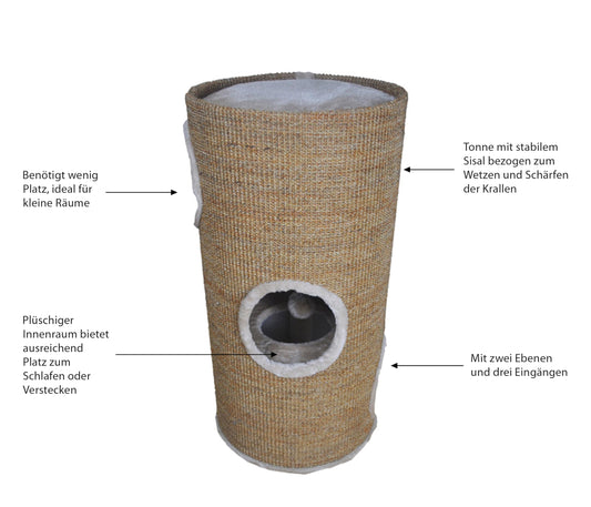 Dehner Tassilo Cat Scratching Barrel and Tower, 2 Levels, 3 Entrances, 36 x 70 cm, Sisal Plush