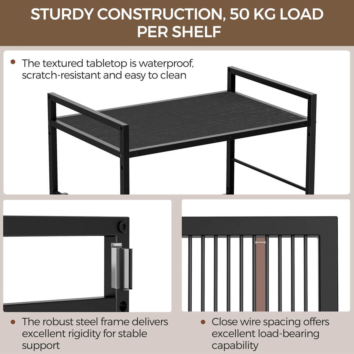 3-Tier kitchen trolley,Black Wood Top,60W×40Dcm,4 Hooks, Adjustable Shelves