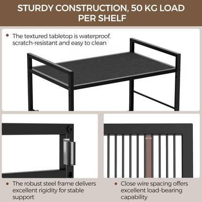 3-Tier kitchen trolley,Black Wood Top,60W×40Dcm,4 Hooks, Adjustable Shelves