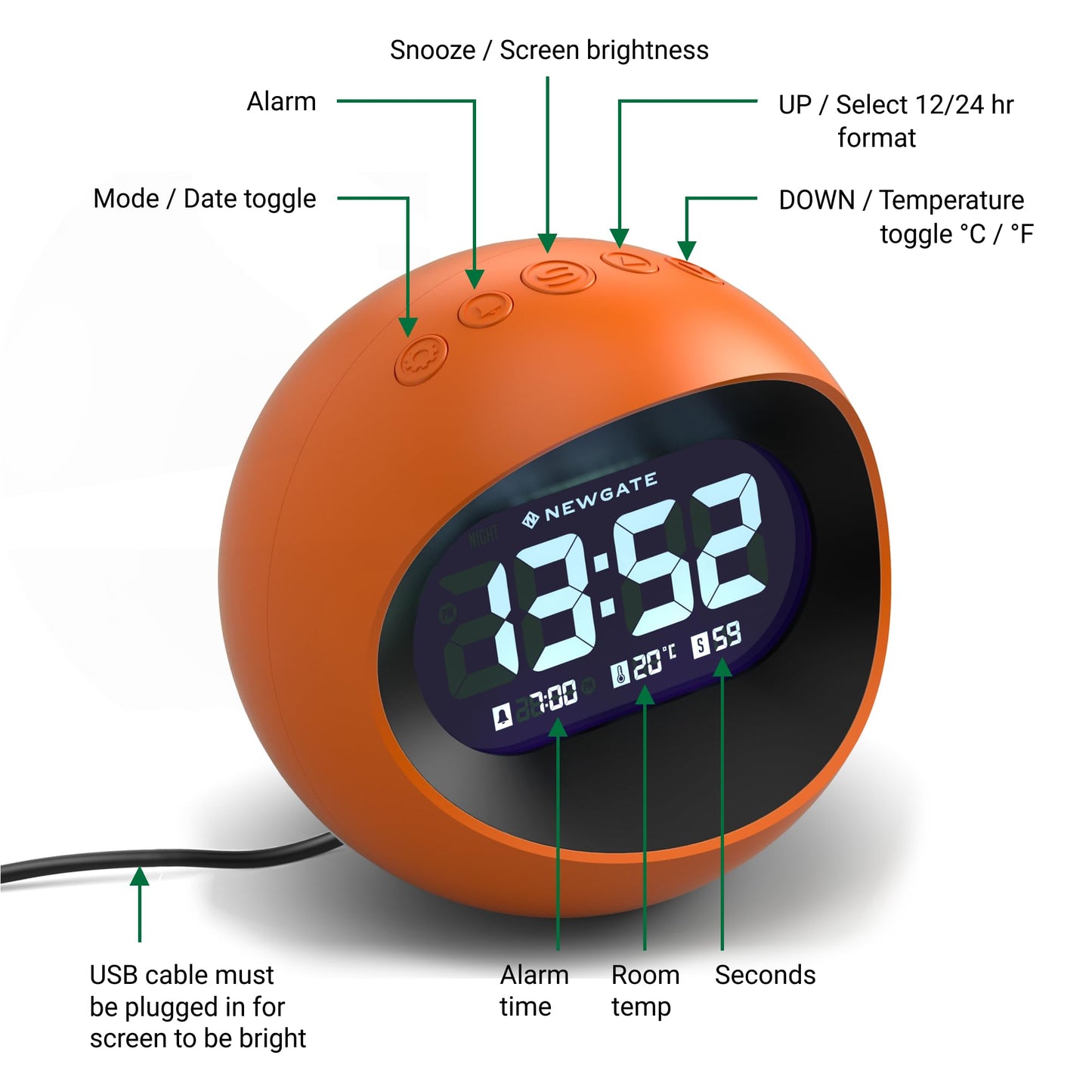 NEWGATE Earth Centre Bedside Digital Alarm Bedroom Accessories-LCD Display-Desk Clock, Acrylic, Orange, cm