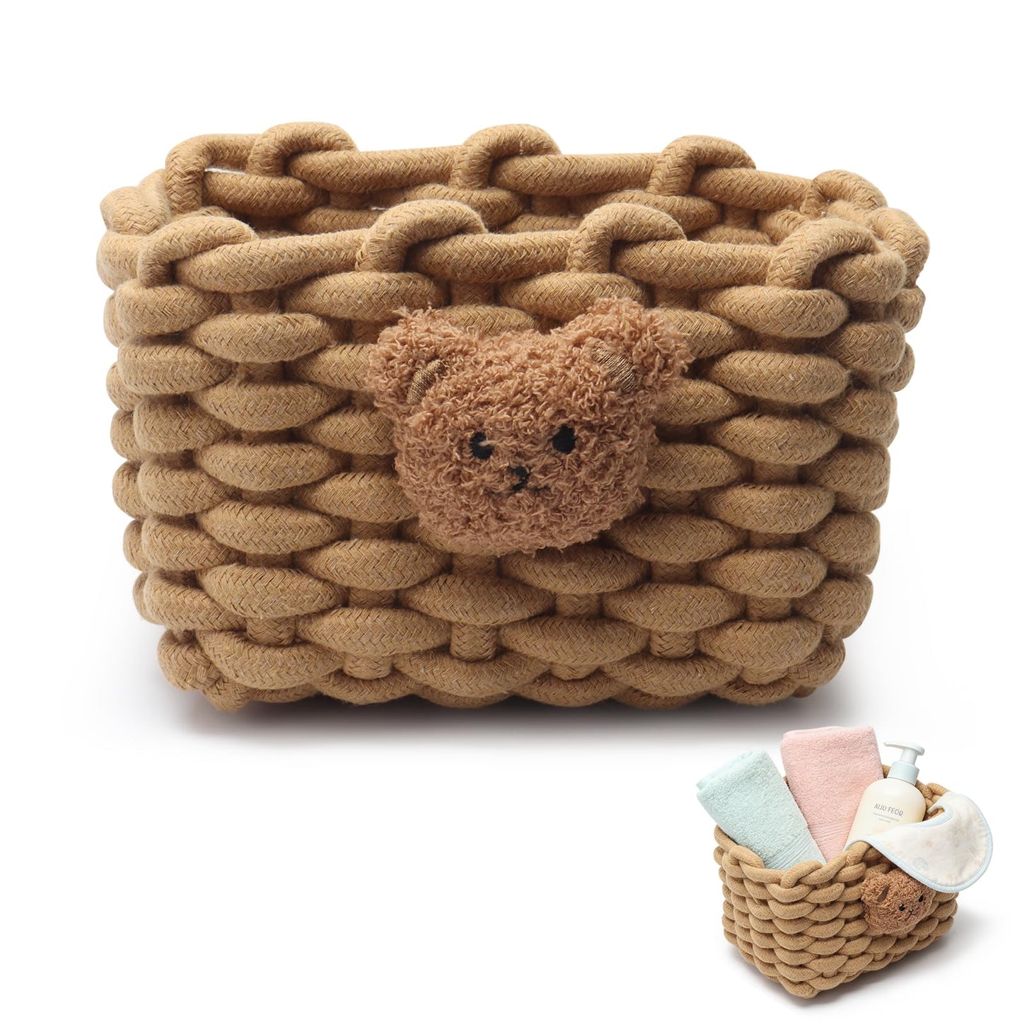 Woven Cotton Wicker Storage Basket with Bear Motif, White - Bathroom Organizer for Desk, Makeup Table, Cabinets, Bath, Kitchen (Brown)