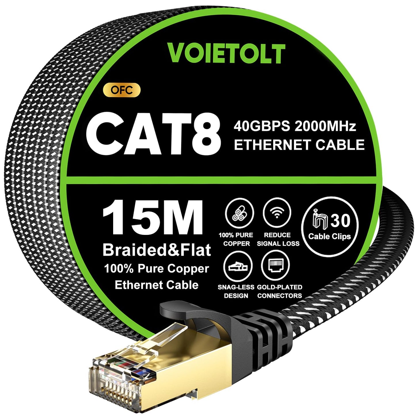 VOIETOLT Cat 8 Ethernet Cable 15M, High-Speed 40Gbps/2000Mhz Flat Braided Internet Cable, Gigabit STP RJ45 Network Cable Compatible for PS4/5, for