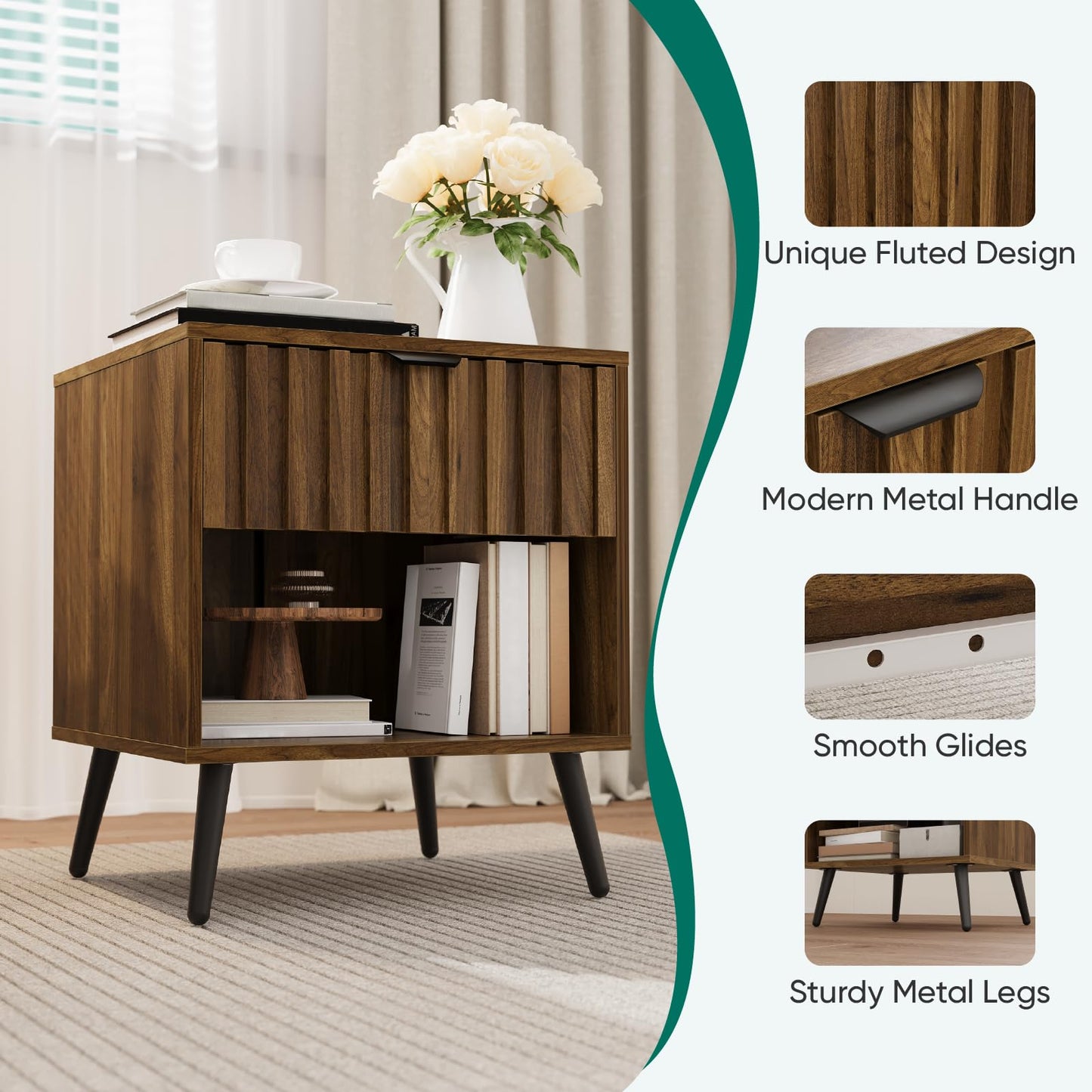 Smuxee Walnut Wooden Night Stand, Mid Century Nightstand with Fluted Drawer, Bedside Table with Open Shelf, Modern End Side Table for Bedroom