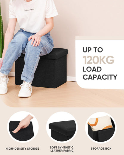 Bonlife Black Ottoman Storage Box - Foldable Rectangular Footstool for Living Room, Kids Toy Chest with Lid, Multi-Use Seat & Storage, 42x32x32 cm