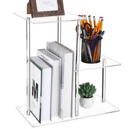 3-Tier Clear Acrylic Desktop Bookshelf, Modern Table Top Shelf Organizer with Silicone Pads, Easy to Assemble
