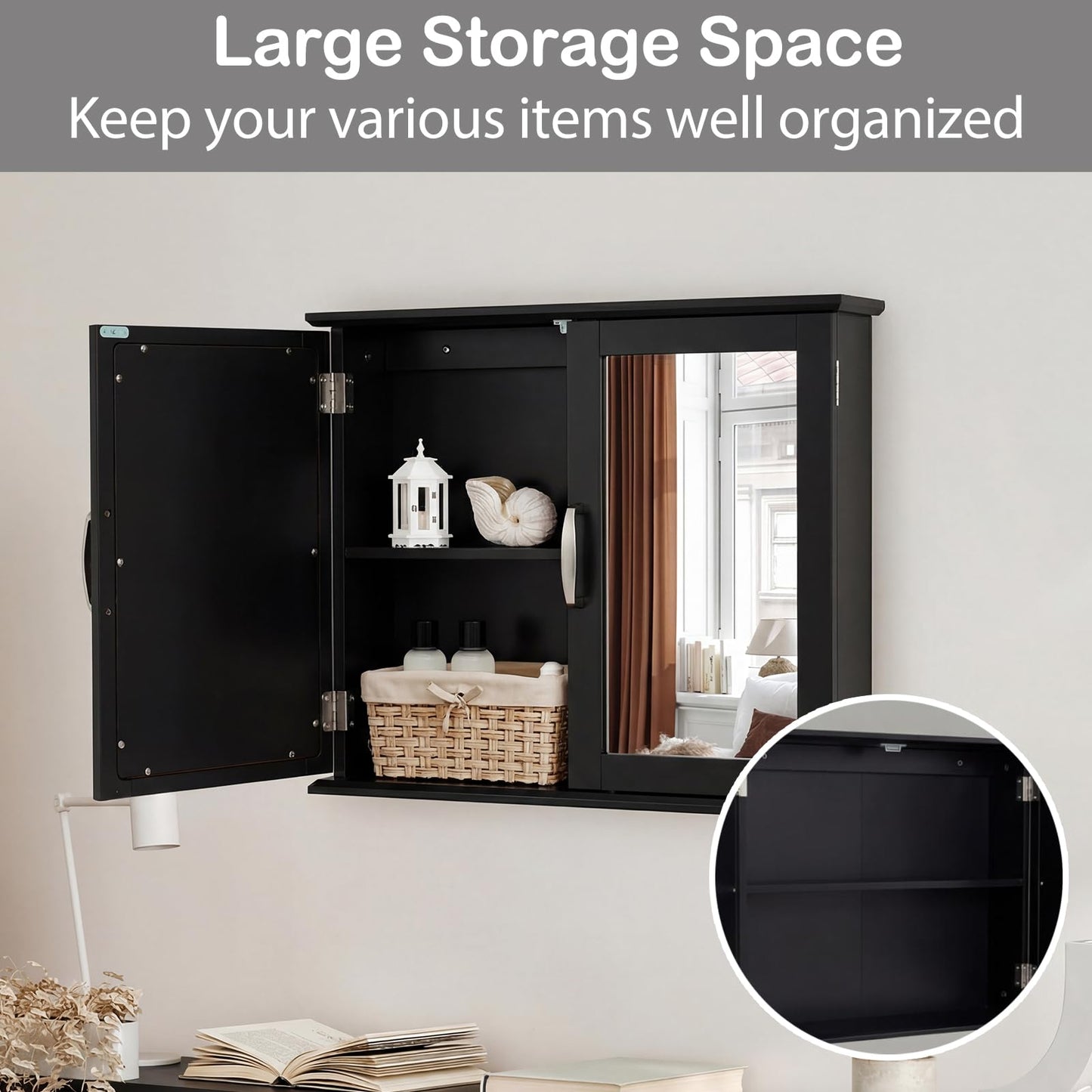 RELAX4LIFE Bathroom Wall Cabinet, Double Door Mirrored Storage Cupboard with Inner Shelf