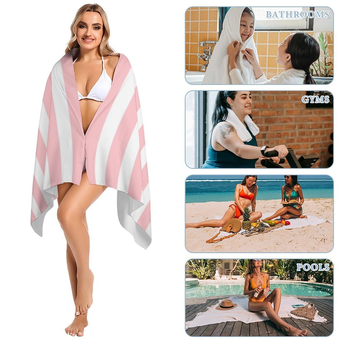 YUAOEUR Pink Stripe Beach Towel for Adults Kids Women Men (30x60 inch,77x153cm) Large Microfiber Beach Towels for Travel,Pool, Sport, Hotel,Beach