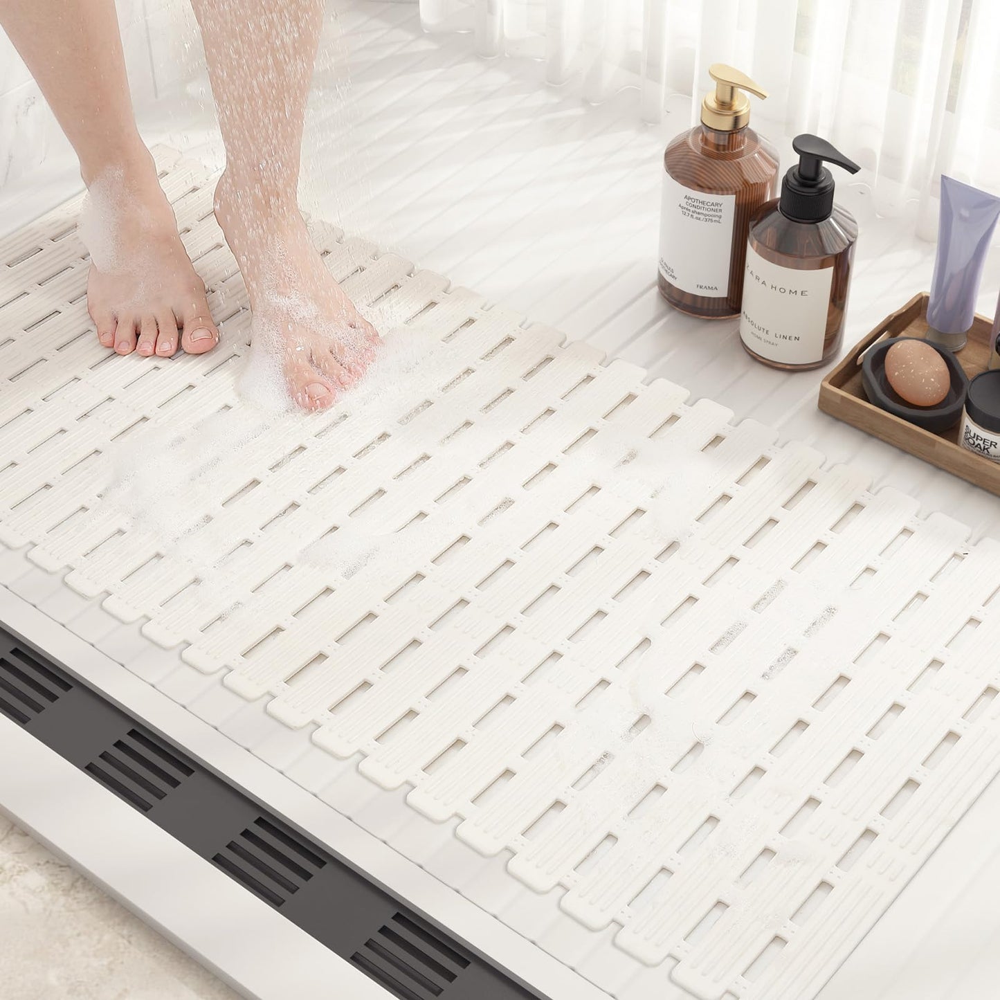 COLOR&GEOMETRY Shower Mat Non Slip Anti Mould 40x68Cm, Shower Mat Cut to Size, Machine Washable Bathroom Mat With Strong Suction Cups Non Slip Bath