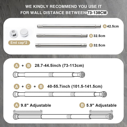 2PCS Shower Curtain Rod Stainless Steel Extendable Shower Curtain Pole No Drilling Tension Rod for Clothes Shower Curtain Rail Net Curtain Poles for