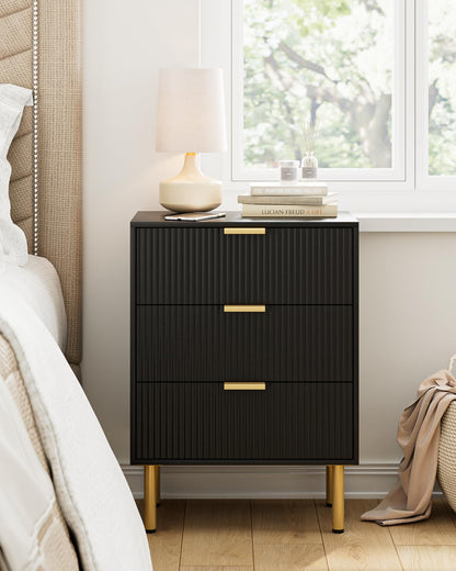 Apetaccat Bedside Table with 3 Drawers, Modern Bedside Cabniet with Metal Legs, Fluted Nightstand, Side Table for Bedroom, Living Room, Office