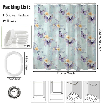 Butterfly Floral Shower Curtain 180x200cm Waterproof Mould Proof with Hooks
