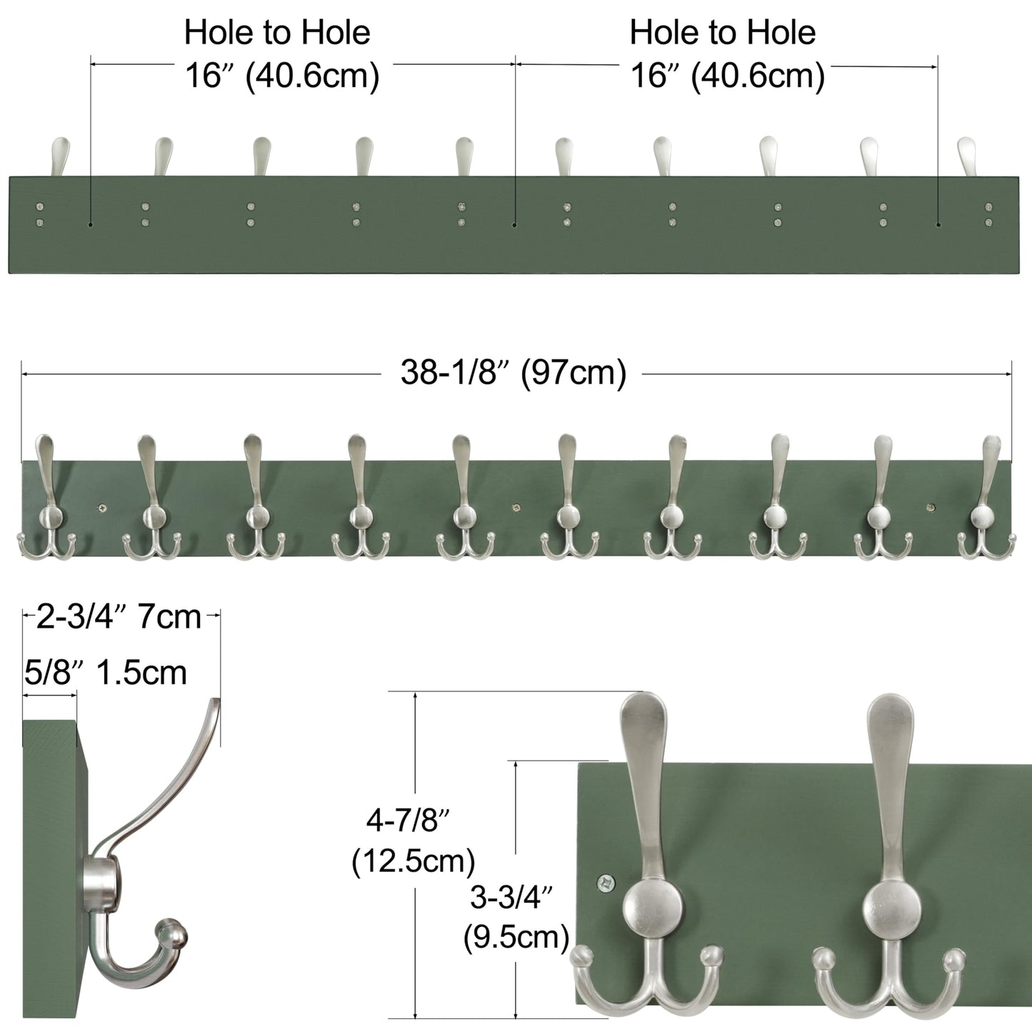 SKOLOO Creations Forest Green Solid Wood Wall Mounted Coat Rack, 10 Hooks, 38-1/8" Long - Kitchen, Mudroom, Entryway, Bathroom