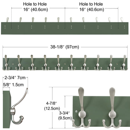SKOLOO Creations Forest Green Solid Wood Wall Mounted Coat Rack, 10 Hooks, 38-1/8" Long - Kitchen, Mudroom, Entryway, Bathroom