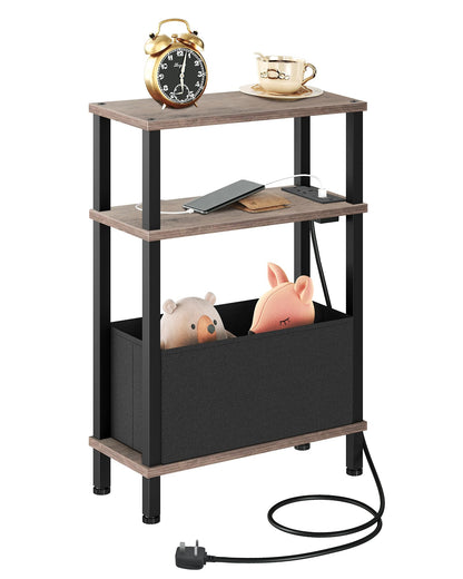 CHOEZON Slim Side Table with Charging Station, 3-Tier Narrow Side Table with Drawer, Skinny Bedside Table, End Table for Small Spaces, for Bedroom