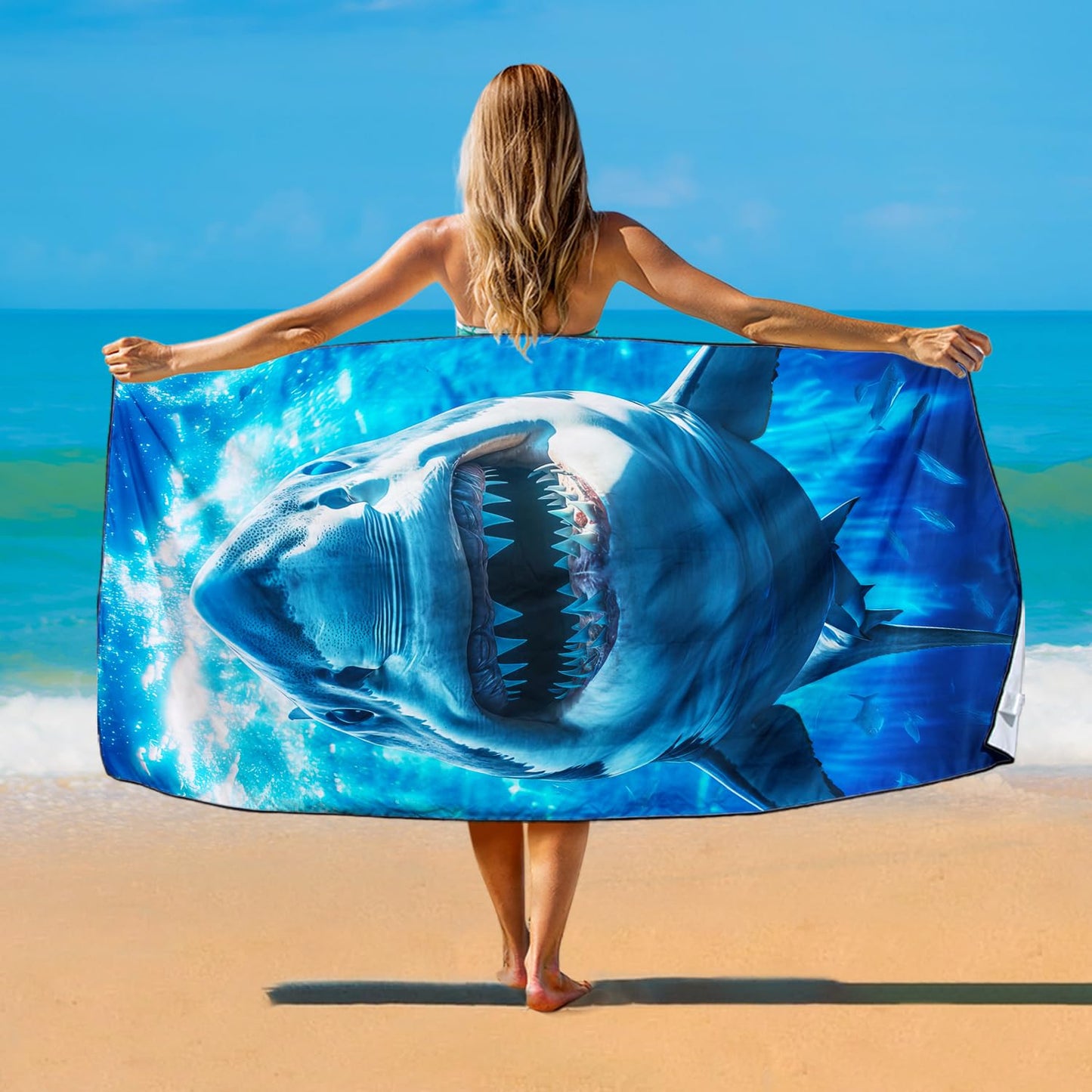 Violetpos Great White Shark Beach Towel, Extra Large 180x90 cm 250GSM Microfibre, Sand Free Quick Dry