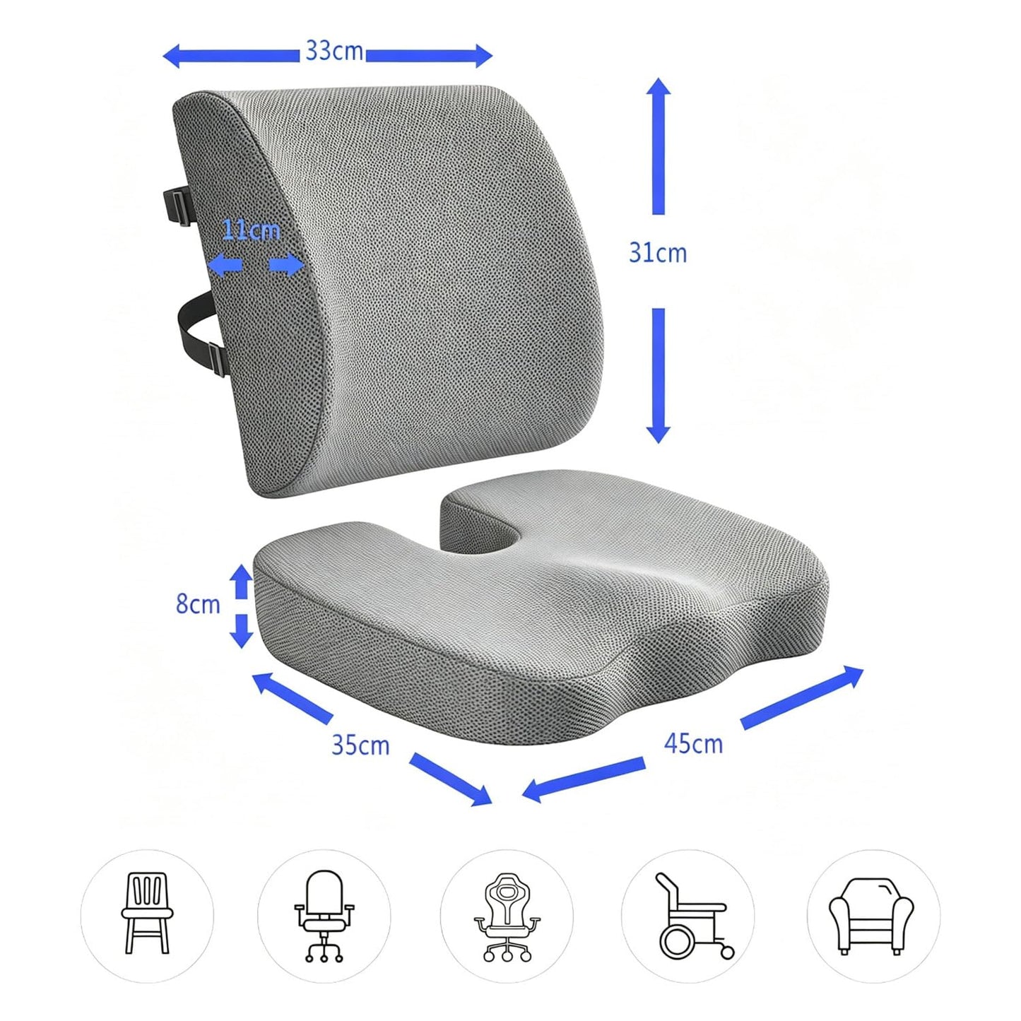Seat Cushion & Lumbar Support Pillow, Memory Foam Coccyx Cushion for Tailbone Pain Sciatica Hemorrhoid Bum Lower Back Pain Relief