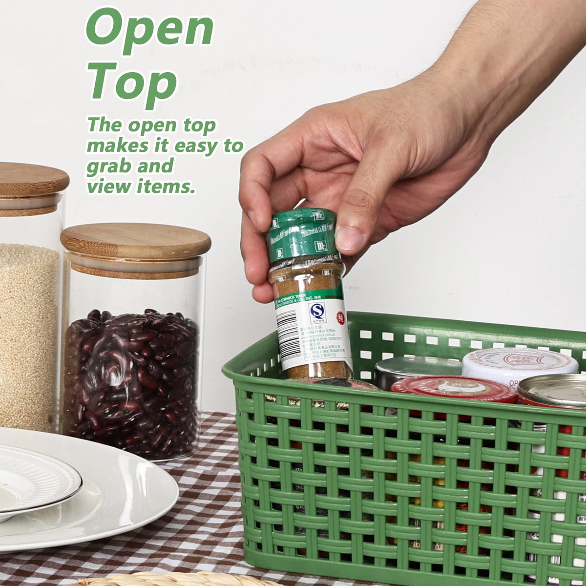 Parlynies Plastic Storage Baskets for Organizing, Woven Storage Organizer, 10" x 7.6" x 4.08", Pack of 6 (Green)