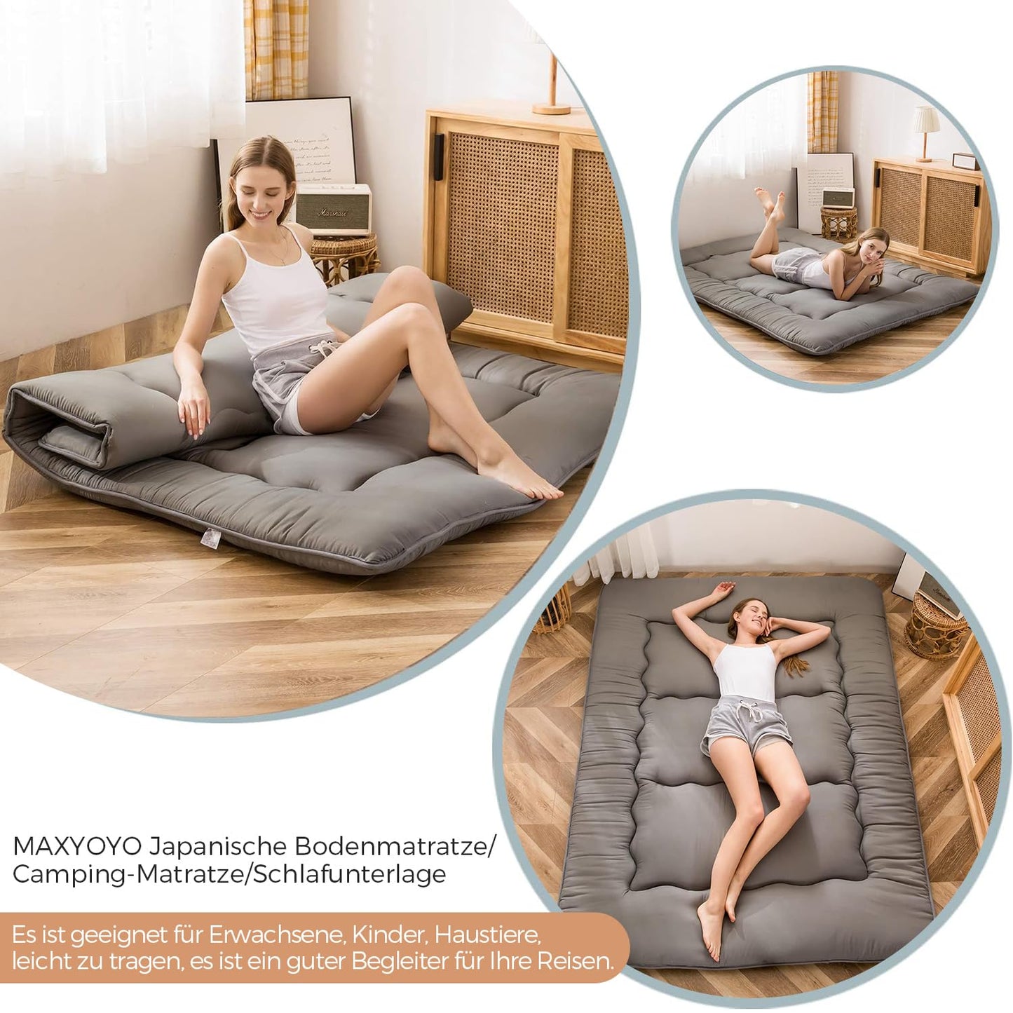 MAXYOYO Japanese Floor Futon Mattress, Thicken Tatami Sleeping Pad Foldable Roll Up Dormitory Mat Pad Floor Lounger Pillow Bed (Charcoal Grey, Double)