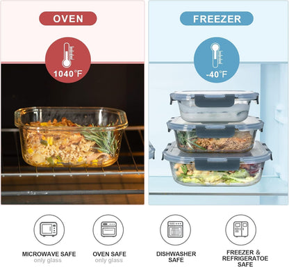 GENICOOK Glass Food Storage Containers with Lids, Meal Prep Containers, Airtight Lunch Containers Bento Boxes with Snap Locking Lids, for Microwave,