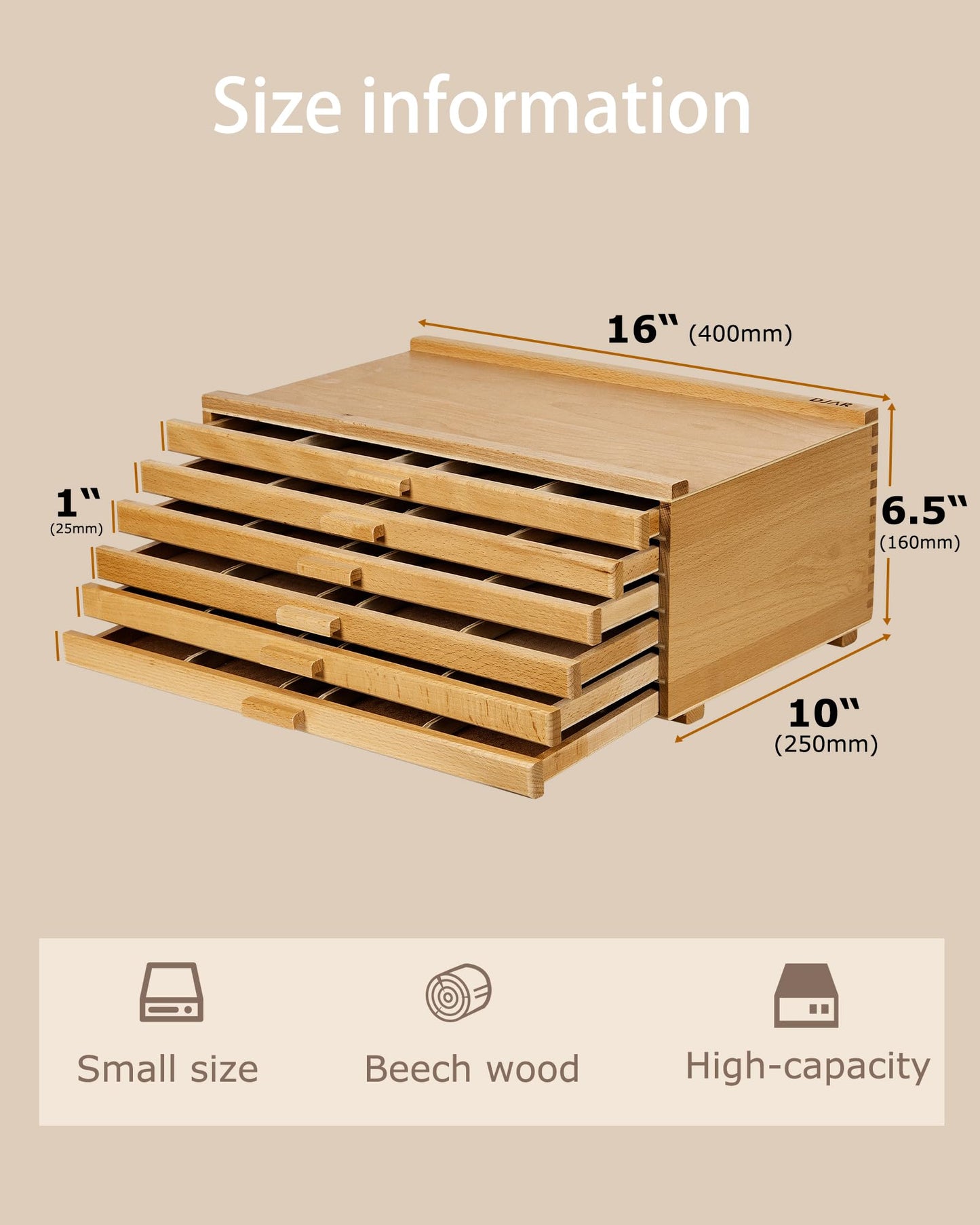 DJAR 6-Drawer Storage Box for Art Supplies, Beech Wood Desk Organizer for Pastels, Brushes, Pencils, Removable Drawers