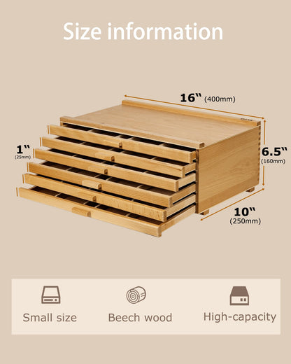 DJAR 6-Drawer Storage Box for Art Supplies, Beech Wood Desk Organizer for Pastels, Brushes, Pencils, Removable Drawers