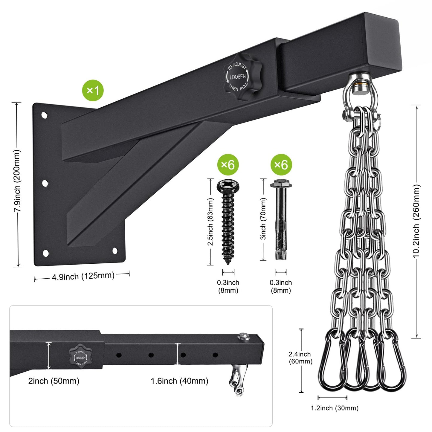 BeneLabel Punch Bag Bracket, Boxing Bag Wall Stand Frame Heavy Duty Speed Bag Hanger Silent Rotation Chain Carabiner with Adjustable 44-64cm Length