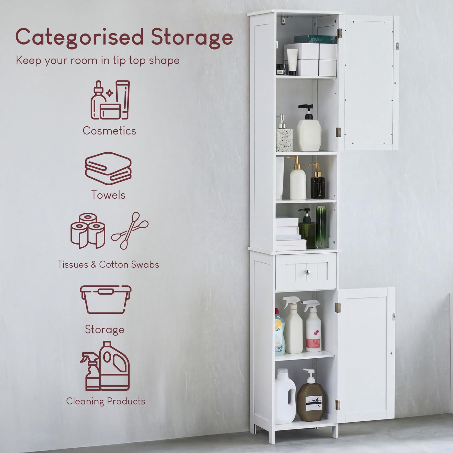 Bath Vida Priano Freestanding 2 Door Mirrored Tall Storage Cabinet, White