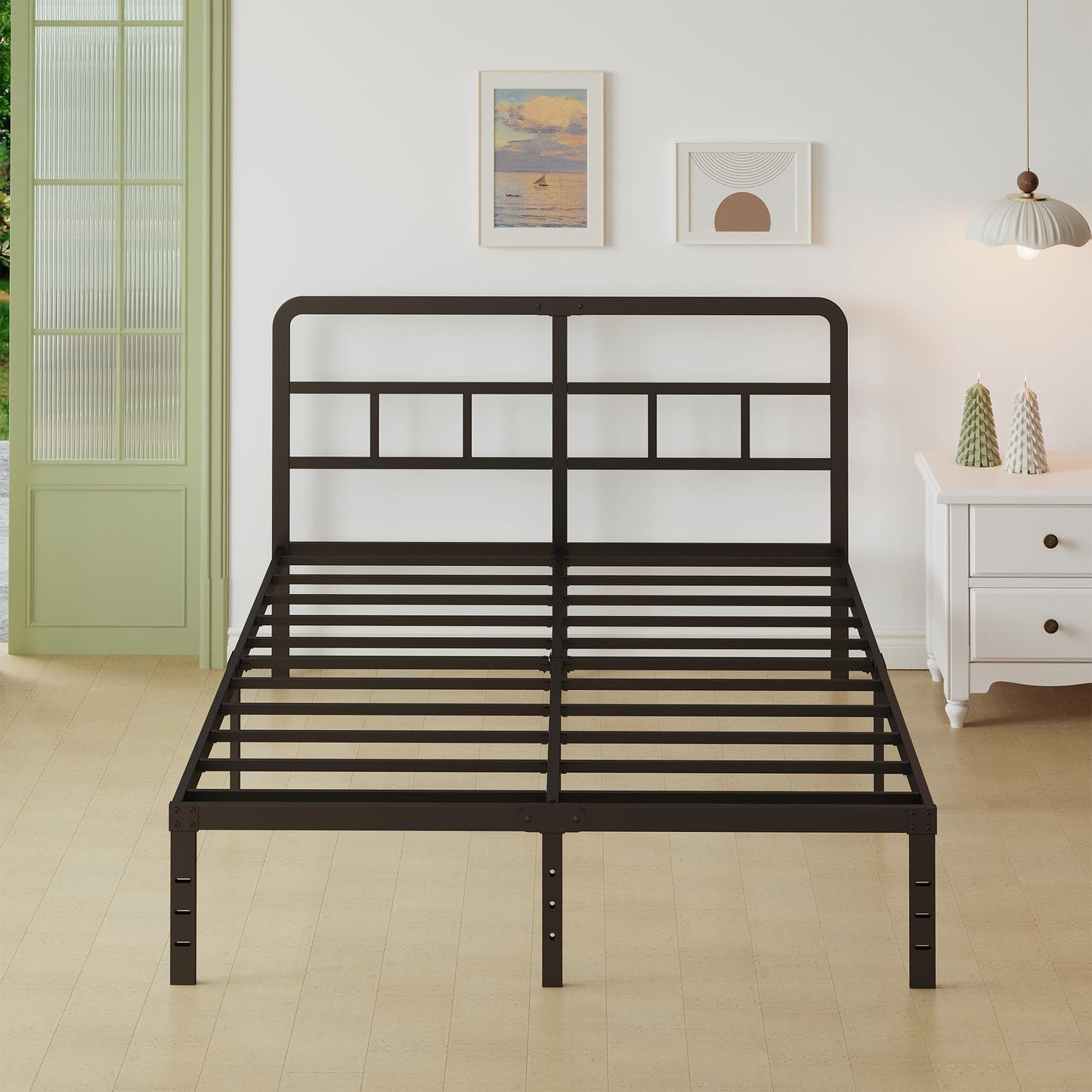 Lutown-Teen King Size Bed Frame 160x190 with Curved Headboard, 36 cm High Heavy Duty Metal Bed Frames Double 160 x 190 cm with Steel Slats, Storage