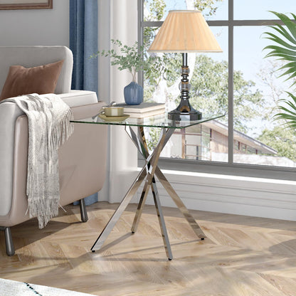 GOLDFAN Small Glass Table, Sofa Side Table with Silver Chrome Legs Modern Night Stand Side Tables Bedroom Square End Tables Living Room Home(SILVER)