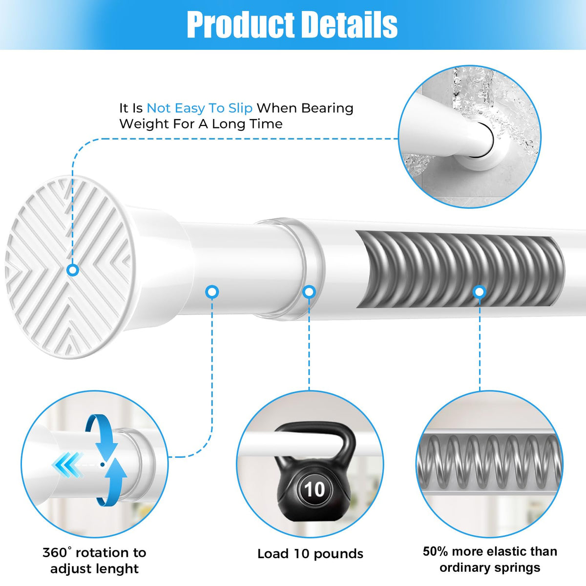 Zipglo Shower Curtain Pole 80-195cm, Extendable Curtain Poles Adjustable Tension Rods for Curtains Telescopic Curtain Poles No Drilling Shower