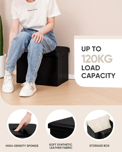 Bonlife Synthetic Leather Ottoman Storage Box, Foldable Toy Chest, Kids Footstool with Storage, Multi-Use Footrest for Living Room & Bedroom, Black