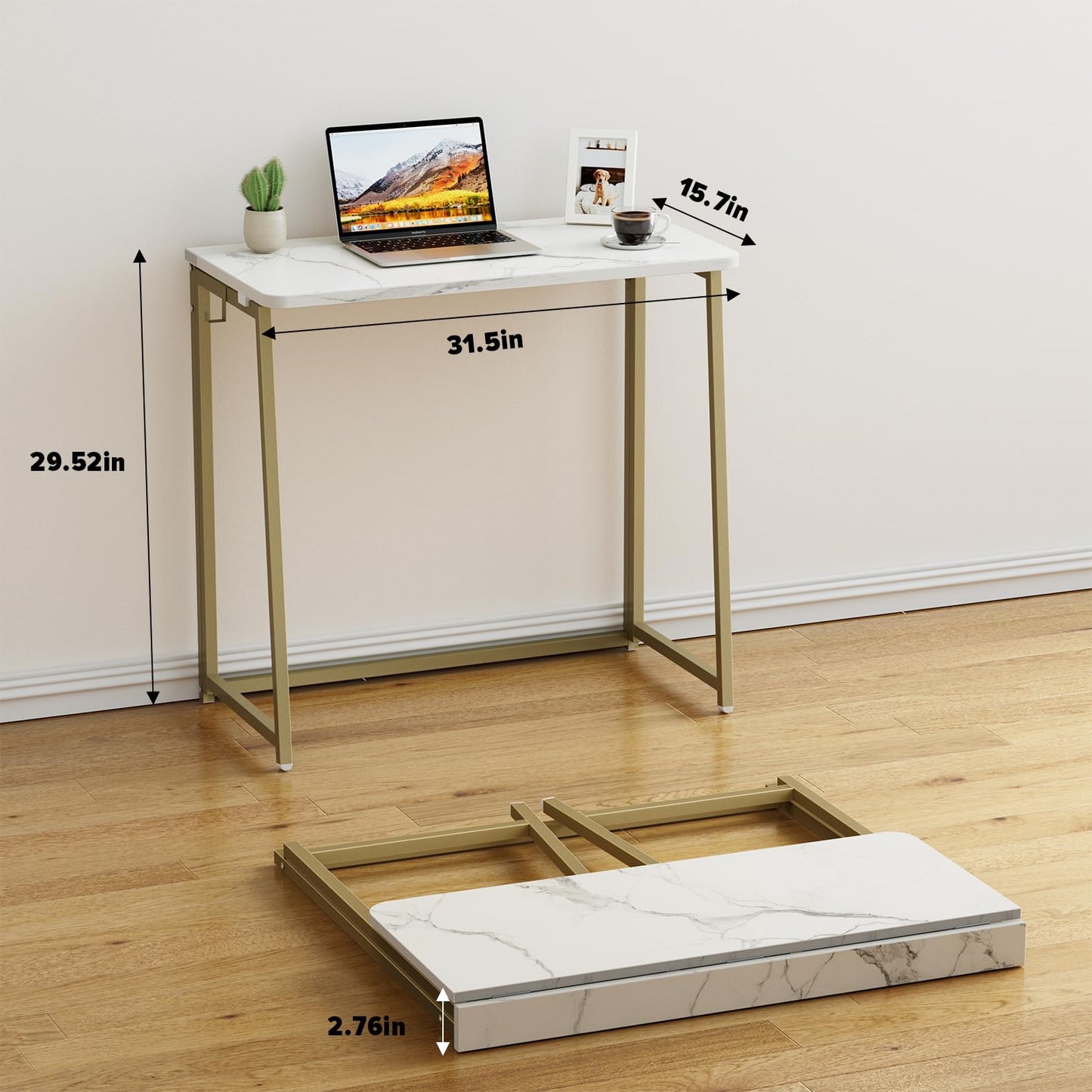 WOHOMO White Faux Marble Folding Desk, 80cm Office Table with Gold Legs