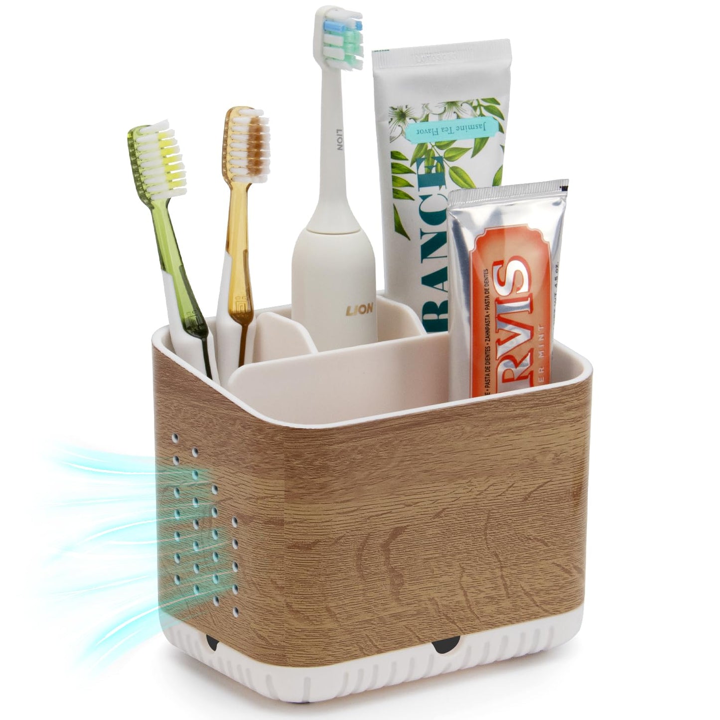toprance Electric Toothbrush Holder Wood Grain Toothbrush And Toothpaste Holder With 4 Compartments And Drainage Holes, Easy To Clean Tooth Brush