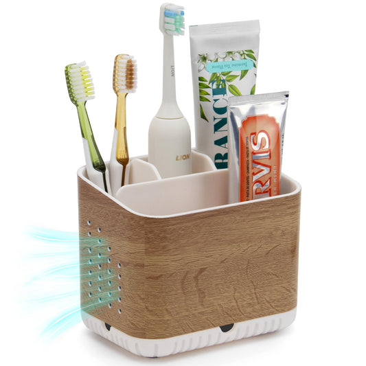 toprance Electric Toothbrush Holder Wood Grain Toothbrush And Toothpaste Holder With 4 Compartments And Drainage Holes, Easy To Clean Tooth Brush