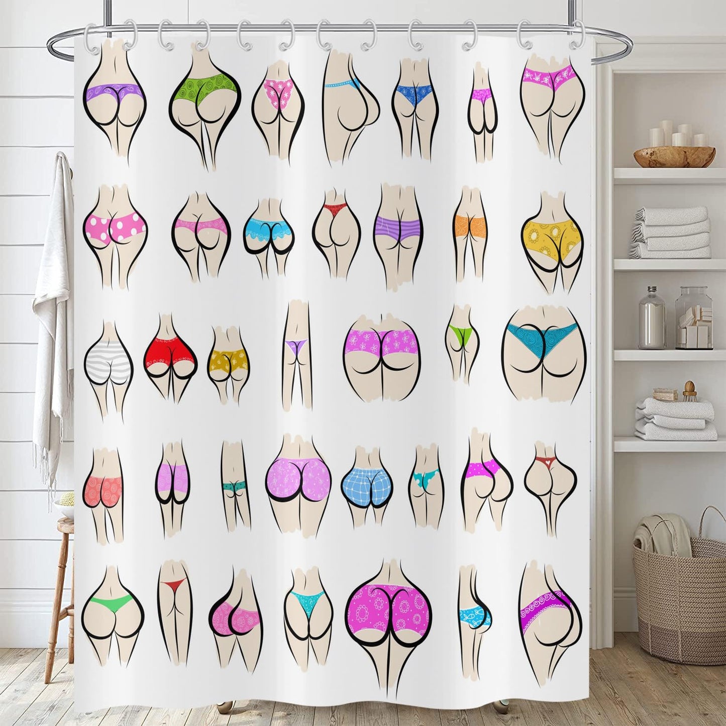 ASDCXZ Funny Shower Curtain 180x180 cm, Funny Colorful Butt Curve Pattern White Bath Washable Shower Curtains Polyester Textile Waterproof Bath