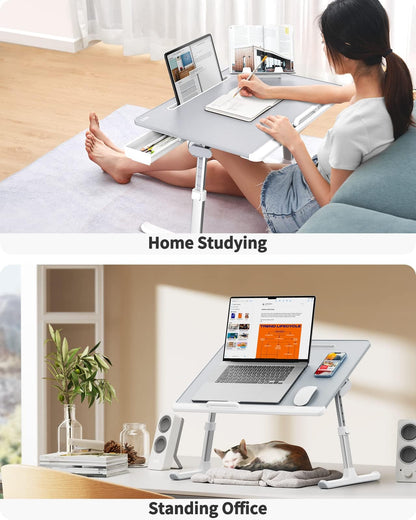 SAIJI Laptop Table, 60 x 50 cm Large Desktop, Multifunctional Bed Table, Height Angle Adjustable, with Book Stand, Drawer, Lap Stopper, Tablet Slot