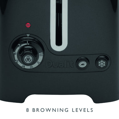 Dualit 2 Slice Lite Toaster | 1.1kW Toasts 60 Slices an Hour | Polished with High Gloss Black Trim | Bagel & Defrost Settings | 36 mm Wide Slots |