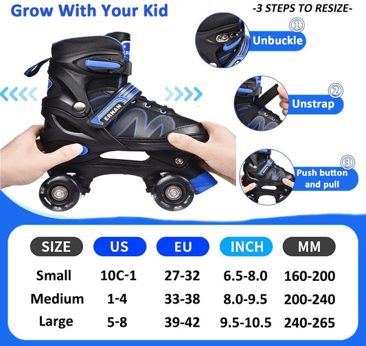 ERNAN Roller skates kids Roller boots,8 Light up Wheels and 4 Sizes Adjustable.Rollerskates for Kids Beginners, Suitable for Indoor Outdoor (BLUE, L)