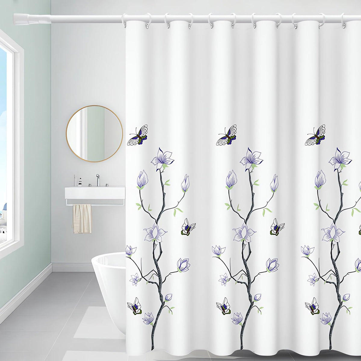 Lerores Shower Curtain 180x200 cm Flower Trees, Weighted Hem Anti-Mould Textile, Water-Repellent