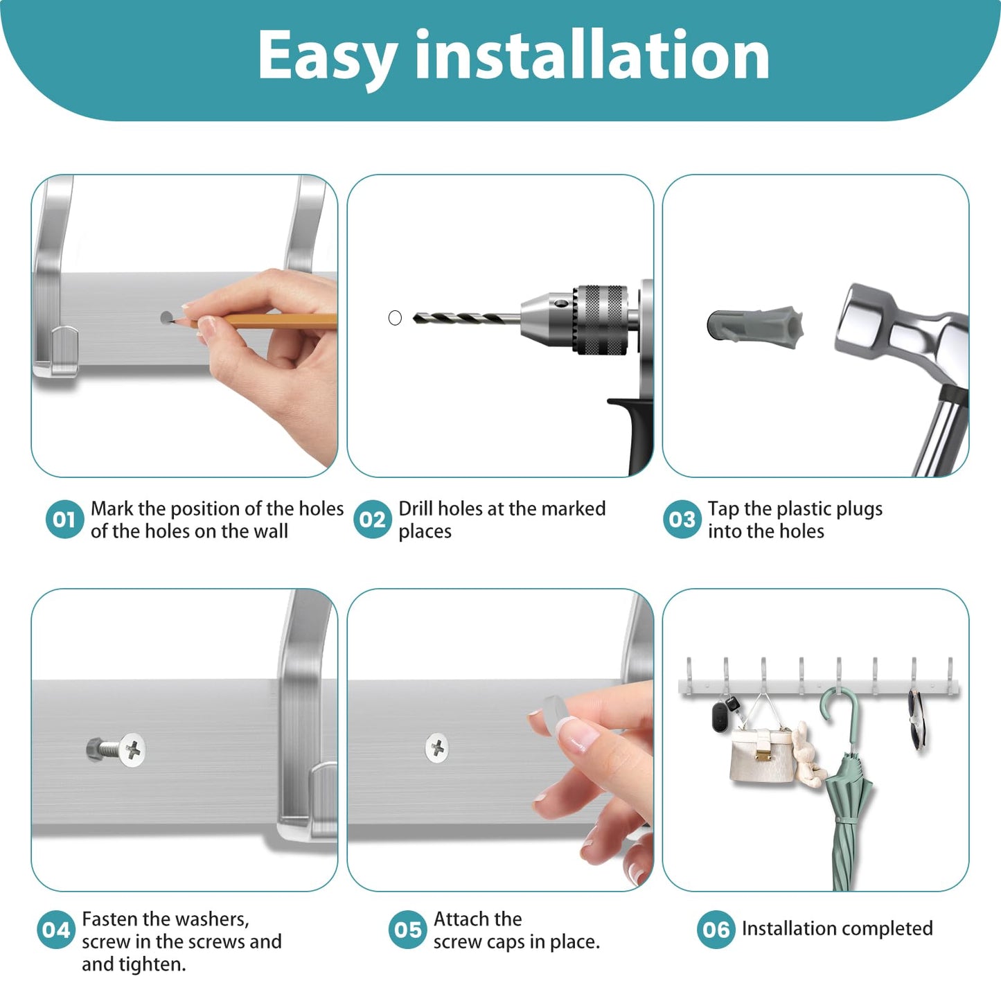 MEIJO Coat Hooks Wall Mounted Stainless Steel, Silver Coat Rack Wall Mounted with 4 Hooks Heavy Duty Coat Hooks for Door, Bathroom, Bedroom, Kitchen