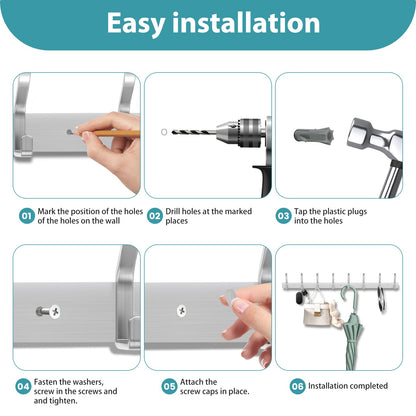 MEIJO Coat Hooks Wall Mounted Stainless Steel, Silver Coat Rack Wall Mounted with 6 Hooks Heavy Duty Coat Hooks for Door, Bathroom, Bedroom, Kitchen