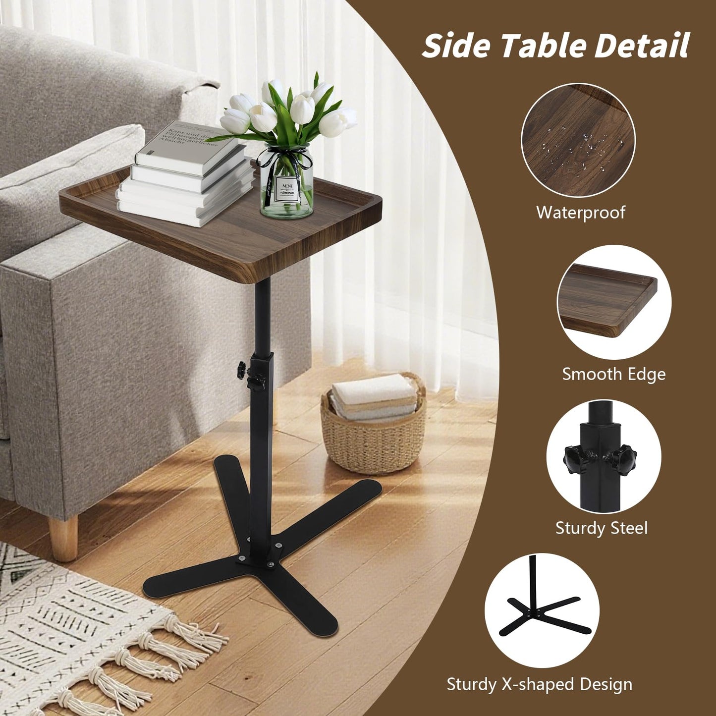 XUDREZ Adjustable X Shaped Side Table with360° Swivel Tabletop, End Table for Living Room Bedroom Sofa Bathtub Bedside Nursing