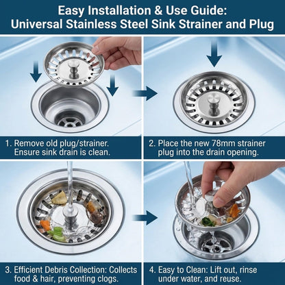 78mm Universal Stainless Steel Kitchen Sink Strainer and Stopper, 2 in 1 Anti Clog Rust Resistant Replacement Sink Plug for Kitchen Bathroom Laundry