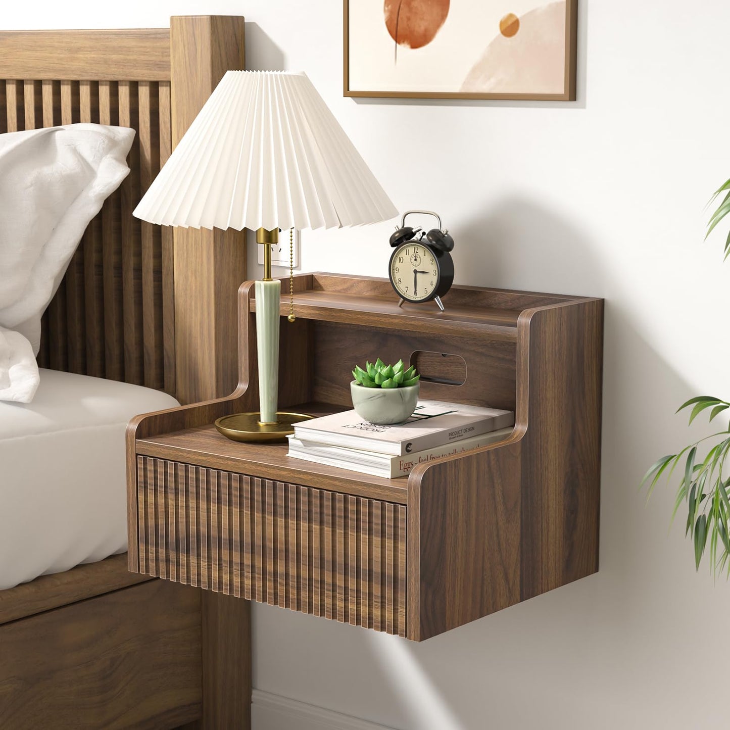 Yvsevnr Floating Bedside Table Set of 2 Wall Mounted Nightstand with Drawer and Open Shelf Fluted Side Tables Retro Bedside Cabinet for Bedroom