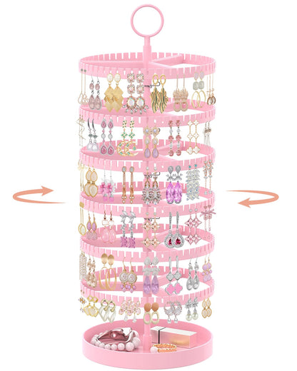 iDavosic.ly 6 Tier Rotating Earring Holder Organizer with Metal Tray, Pink